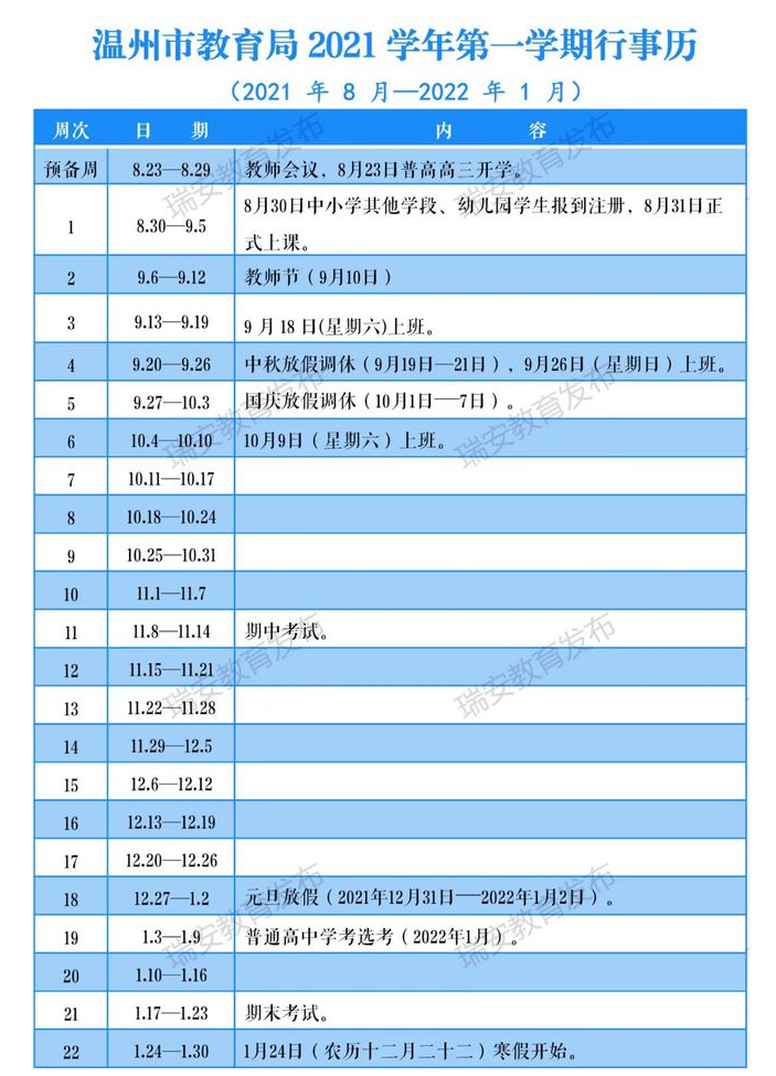 2022浙江温州中小学期末考试安排