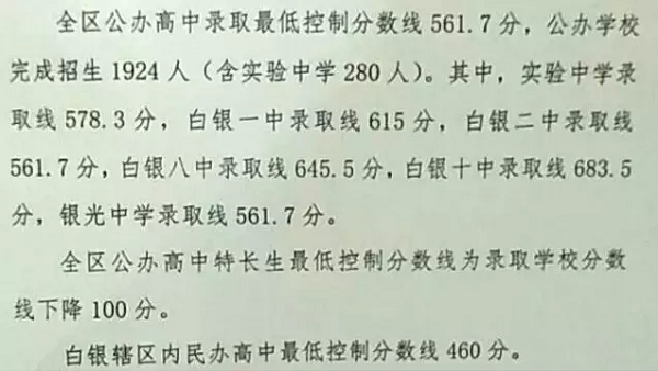 白银2019中考分数线